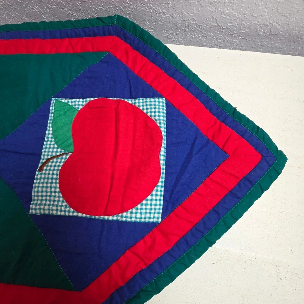 Vintage Handmade Quilted‎ Table Runner Apple Patchwork Gingham Green Red Blue